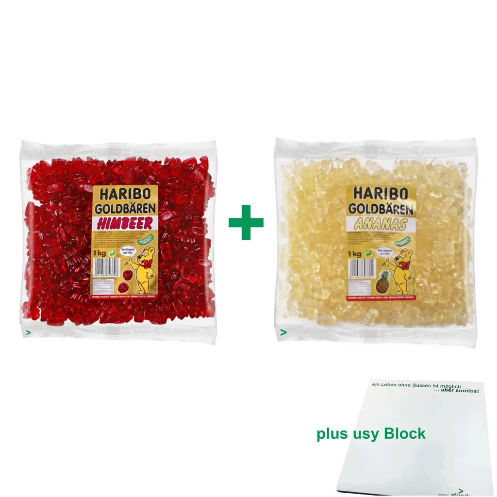 Haribo Goldbären Testpaket Ananas & Himbeere (je 1kg Sortenrein) + Usy Block 3 Haribo Goldbären Testpaket Ananas & Himbeere (je 1kg Sortenrein) + Usy Block