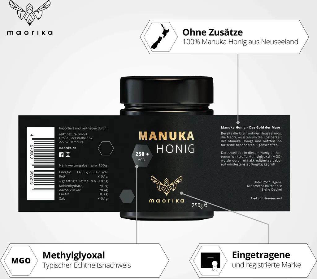 Manuka Honig 250 MGO + 250g Im Glas (lichtundurchlässig, Kein Plastik) Original Aus Neuseeland Maorika 4 Manuka Honig 250 MGO + 250g Im Glas (lichtundurchlässig, Kein Plastik) Original Aus Neuseeland Maorika – Bild 2