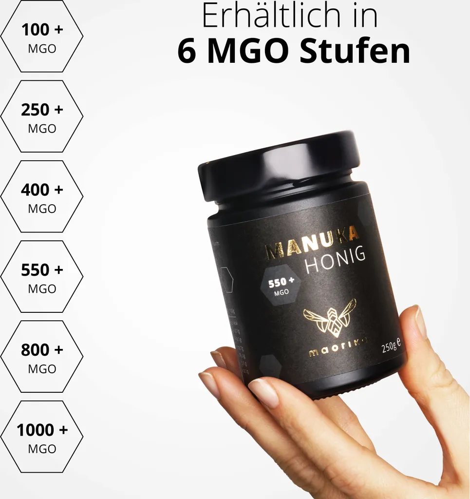 Manuka Honig 250 MGO + 250g Im Glas (lichtundurchlässig, Kein Plastik) Original Aus Neuseeland Maorika 8 Manuka Honig 250 MGO + 250g Im Glas (lichtundurchlässig, Kein Plastik) Original Aus Neuseeland Maorika – Bild 6