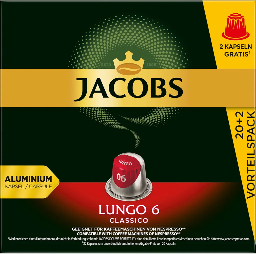 JACOBS Kapseln Lungo 6 Classico 10 X 20+2 Nespresso®* Kompatible Kaffeekapseln 5 JACOBS Kapseln Lungo 6 Classico 10 X 20+2 Nespresso®* Kompatible Kaffeekapseln – Bild 3