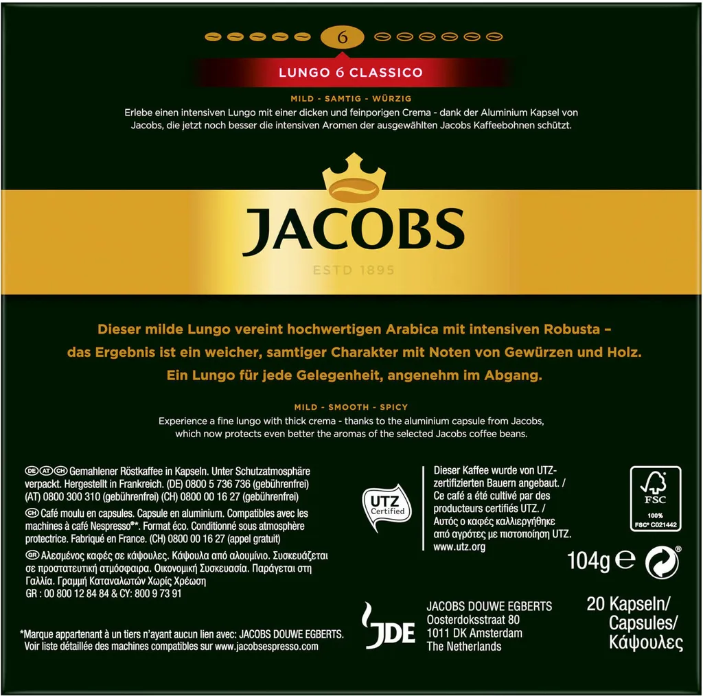 JACOBS Kapseln Lungo 6 Classico & Decaffeinato 6 Je 100 Nespresso®* Kompatibel 6 JACOBS Kapseln Lungo 6 Classico & Decaffeinato 6 Je 100 Nespresso®* Kompatibel – Bild 4