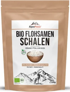 AlpenPower PremiumFlohsamenschalen 500 G I 99 % Reinheit I 100 % Bio I Vegan I Ballaststoffreich I Low-Carb I Glutenfrei I Ohne Zusätze