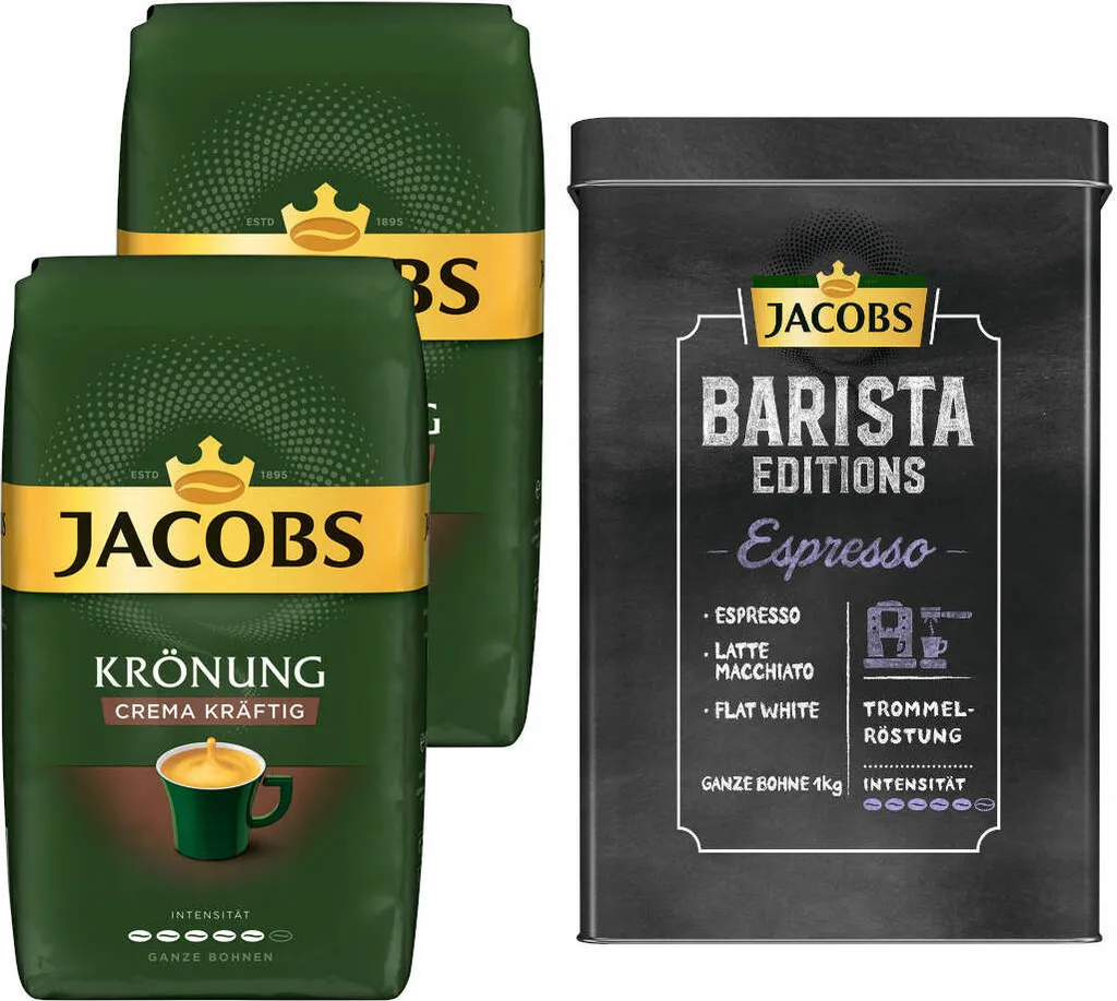 JACOBS Kaffeebohnen Krönung Crema Kräftig 2 X 1kg Ganze Kaffee Bohnen + 1 Aluminium Dose Im Barista-Design 3 JACOBS Kaffeebohnen Krönung Crema Kräftig 2 X 1kg Ganze Kaffee Bohnen + 1 Aluminium Dose Im Barista-Design
