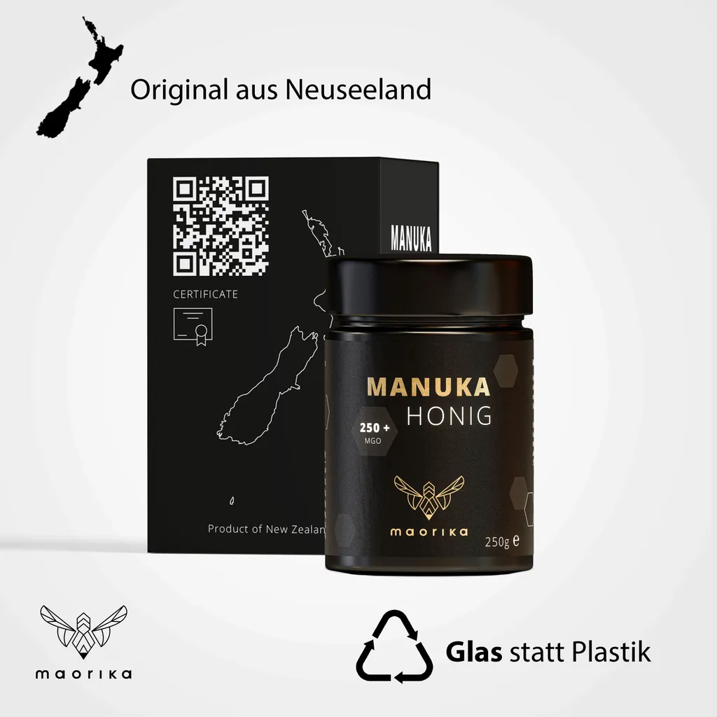 Manuka Honig 250 MGO + 250g Im Glas (lichtundurchlässig, Kein Plastik) Original Aus Neuseeland Maorika 5 Manuka Honig 250 MGO + 250g Im Glas (lichtundurchlässig, Kein Plastik) Original Aus Neuseeland Maorika – Bild 3