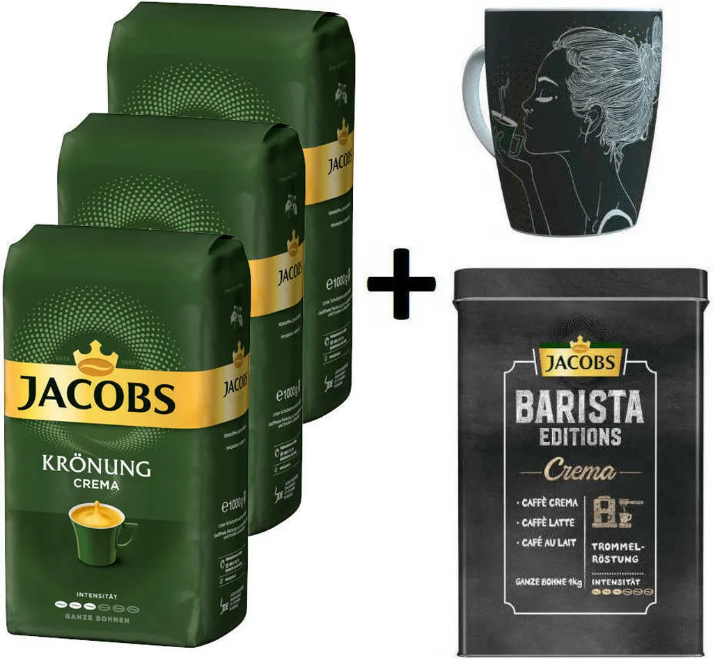 JACOBS Kaffeebohnen Krönung Crema 3 Kg Ganze Geröstete Bohnen + 1 Jacobs Barista Becher + 1 Dose 3 JACOBS Kaffeebohnen Krönung Crema 3 Kg Ganze Geröstete Bohnen + 1 Jacobs Barista Becher + 1 Dose