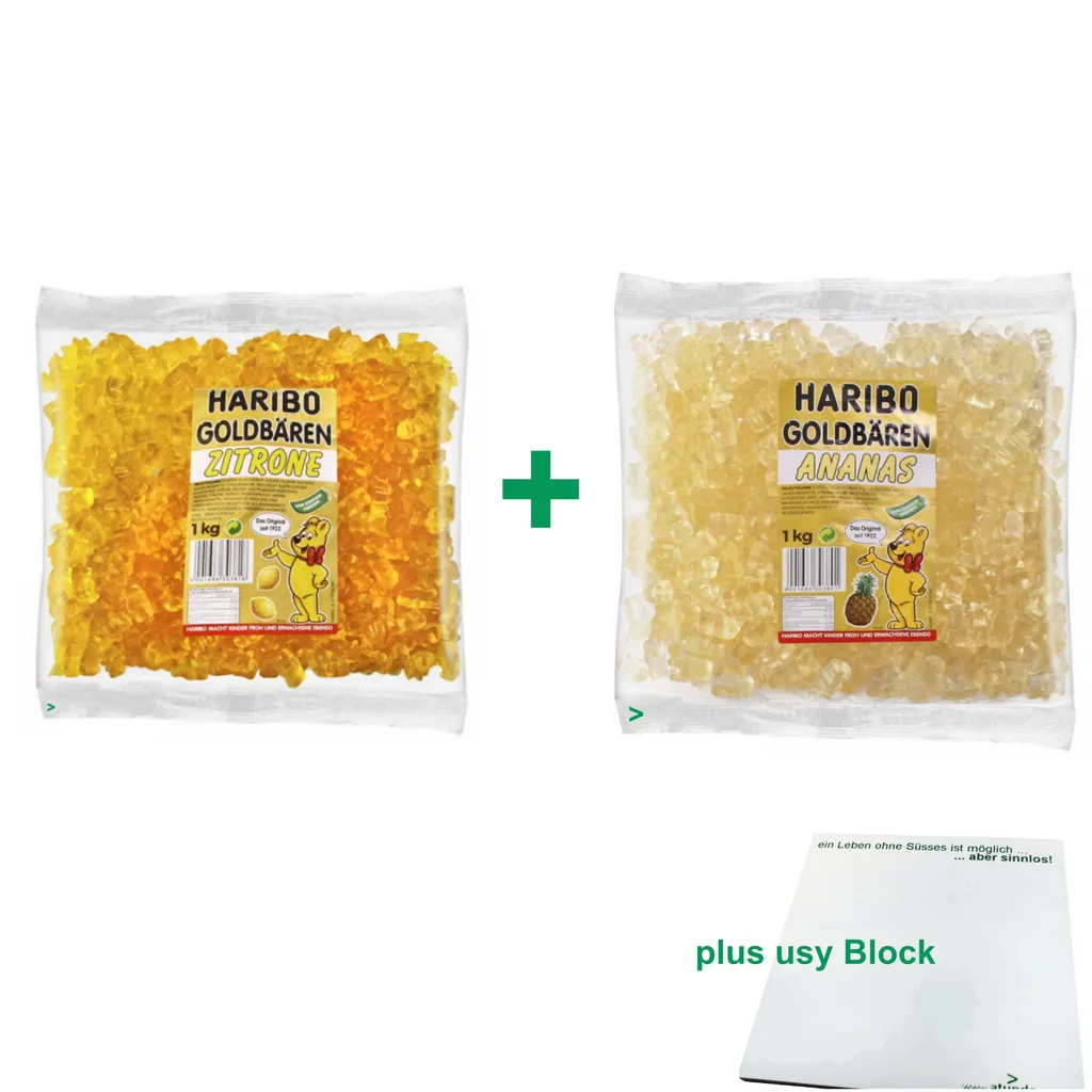 Haribo Goldbären Testpaket Zitrone & Ananas (je 1kg Sortenrein) + Usy Block 3 Haribo Goldbären Testpaket Zitrone & Ananas (je 1kg Sortenrein) + Usy Block