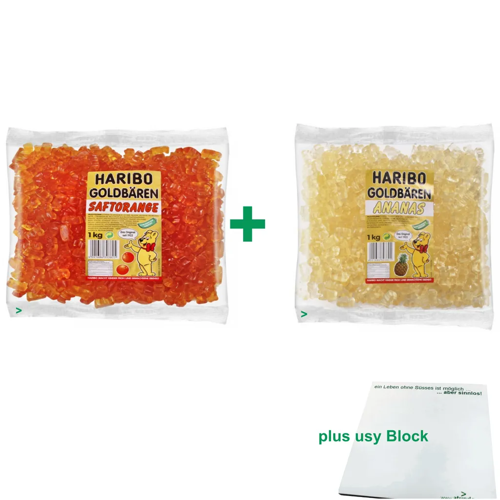 Haribo Goldbären Testpaket Orange & Ananas (je 1kg Sortenrein) + Usy Block 3 Haribo Goldbären Testpaket Orange & Ananas (je 1kg Sortenrein) + Usy Block