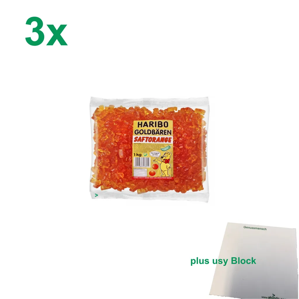 Haribo Goldbären Orange Officepack (3x1kg Beutel Gummibärchen Orange) Sortenrein + Usy Block 3 Haribo Goldbären Orange Officepack (3x1kg Beutel Gummibärchen Orange) Sortenrein + Usy Block