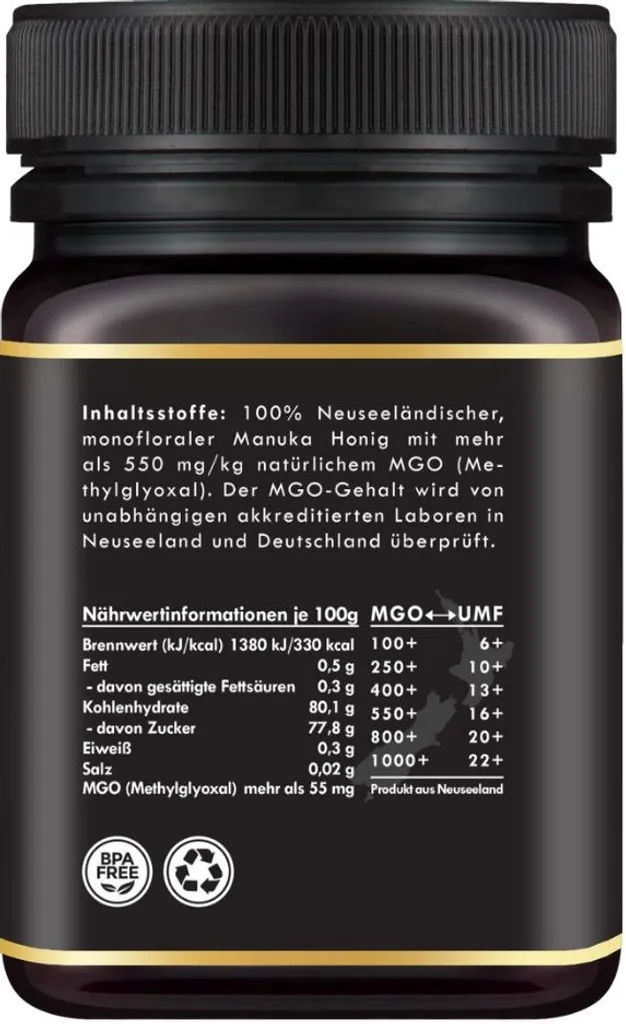 Manuka Honig | MGO 550+ | 500g | HALAL | Das ORIGINAL Aus NEUSEELAND | PUR, ROH & | 100% Natürlich | INKL. GRATIS HONIGLÖFFEL Aus Holz | PowerFabrik 4 Manuka Honig | MGO 550+ | 500g | HALAL | Das ORIGINAL Aus NEUSEELAND | PUR, ROH & | 100% Natürlich | INKL. GRATIS HONIGLÖFFEL Aus Holz | PowerFabrik – Bild 2