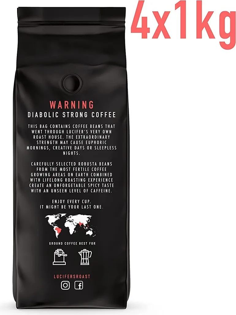 LUCIFER'S ROAST 4x1kg Espresso By KIQO Aus Italien - Starke Kaffeebohnen Für Kaffeevollautomaten Und Siebträger - Säurearm - 100% Robusta (ganze Bohnen, 4x1kg) 4 LUCIFER'S ROAST 4x1kg Espresso By KIQO Aus Italien - Starke Kaffeebohnen Für Kaffeevollautomaten Und Siebträger - Säurearm - 100% Robusta (ganze Bohnen, 4x1kg) – Bild 2