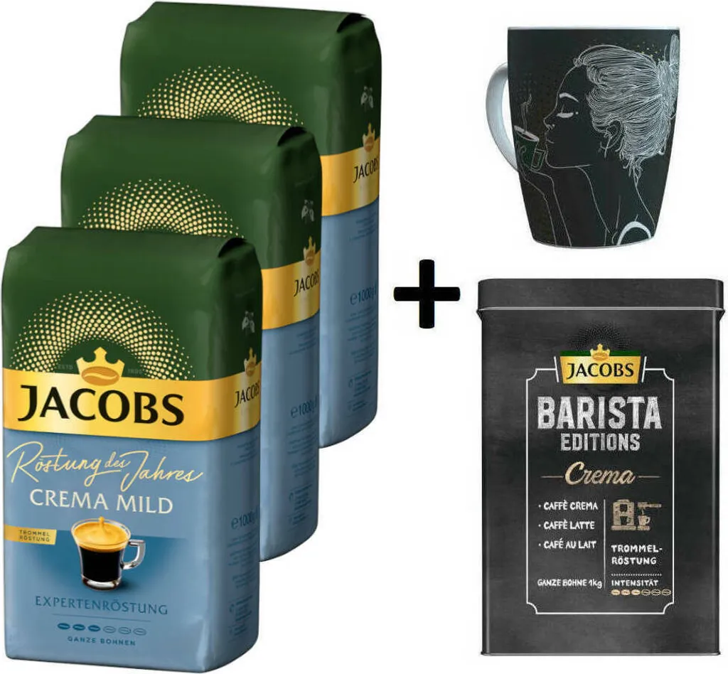 JACOBS Kaffeebohnen Expertenröstung Crema Mild Röstung Des Jahres 3 Kg Ganze Geröstete Bohnen + 1 Jacobs Barista Becher+ 1 Dose 3 JACOBS Kaffeebohnen Expertenröstung Crema Mild Röstung Des Jahres 3 Kg Ganze Geröstete Bohnen + 1 Jacobs Barista Becher+ 1 Dose