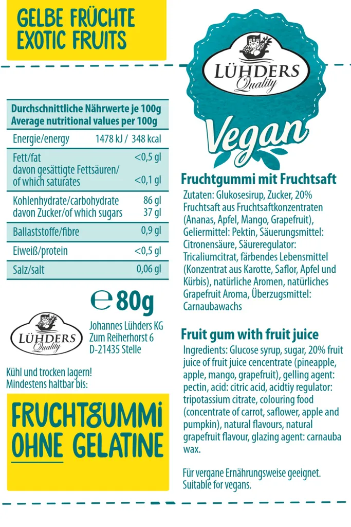 LÜHDERS - Exotische Früchte/ Gelbe Früchte, Vegane Fruchtgummis 4 LÜHDERS - Exotische Früchte/ Gelbe Früchte, Vegane Fruchtgummis – Bild 2