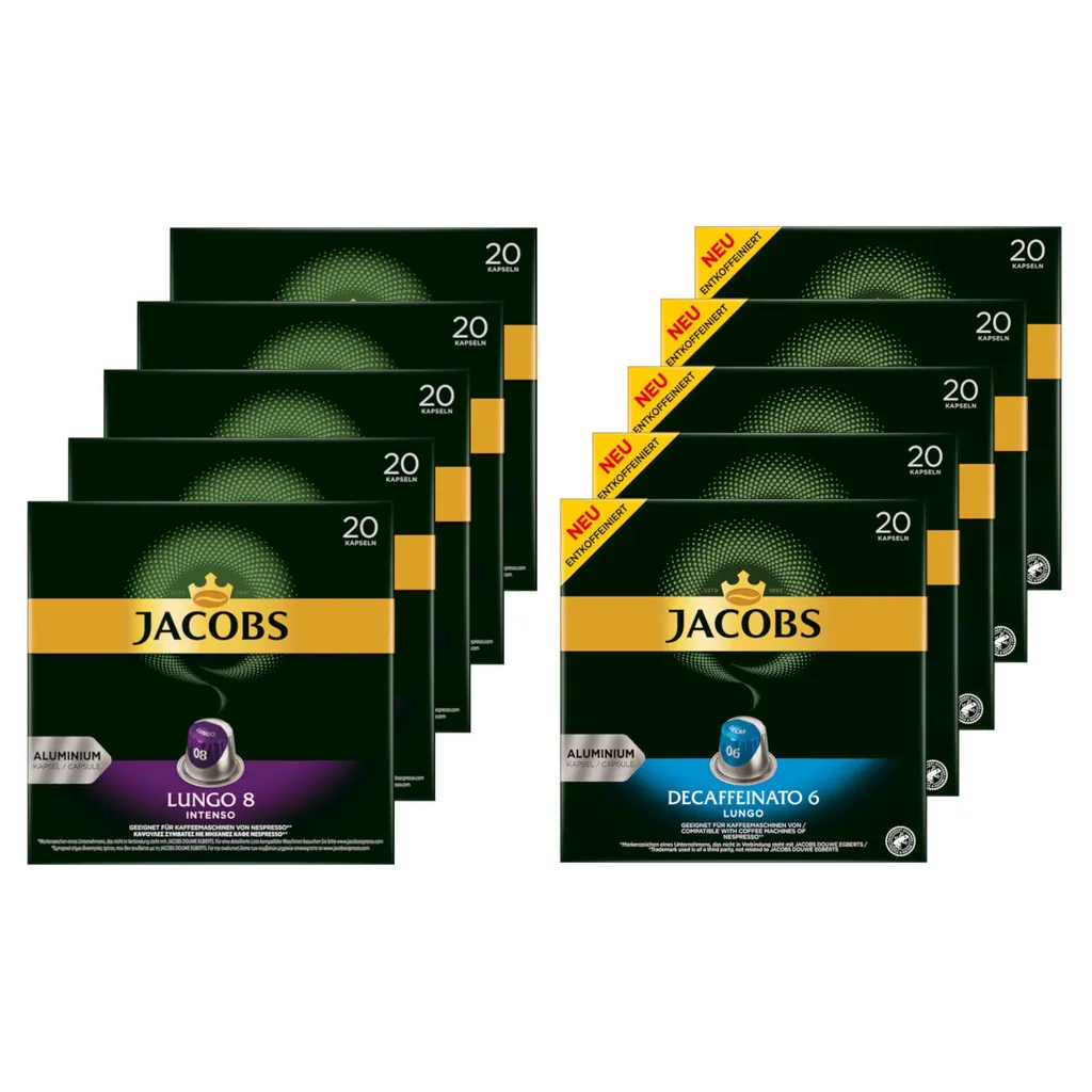 JACOBS Kapseln Nespresso®* Kompatibel 5x20 Lungo 8 Intenso+ 5x20 Decaffeinato 6 3 JACOBS Kapseln Nespresso®* Kompatibel 5x20 Lungo 8 Intenso+ 5x20 Decaffeinato 6