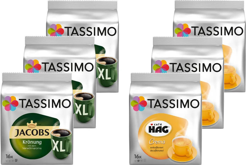 TASSIMO Kapseln Jacobs Krönung XL + Café Hag Entkoffeiniert Je 3x16 Getränke 3 TASSIMO Kapseln Jacobs Krönung XL + Café Hag Entkoffeiniert Je 3x16 Getränke