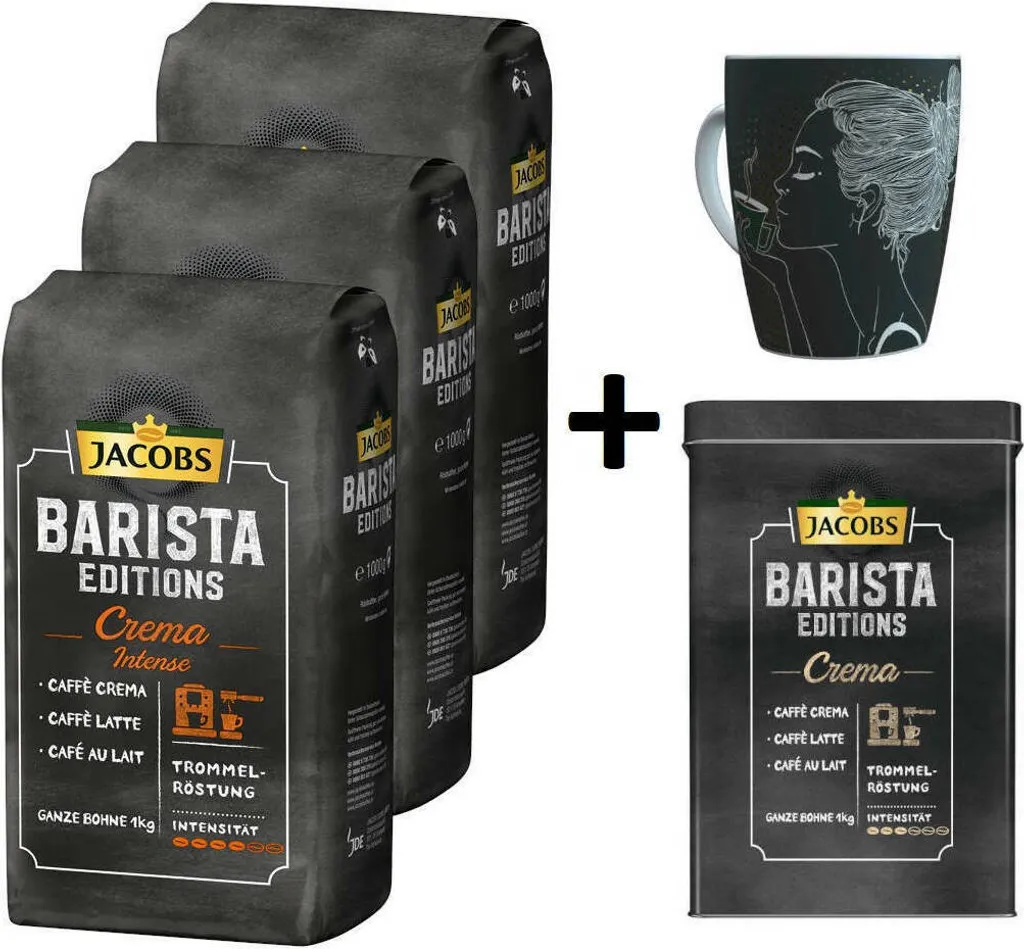 JACOBS Kaffeebohnen Barista Editions Crema Intense 3 Kg Geöstete Bohnen+ 1 Jacobs Barista Becher+ 1 Dose 3 JACOBS Kaffeebohnen Barista Editions Crema Intense 3 Kg Geöstete Bohnen+ 1 Jacobs Barista Becher+ 1 Dose